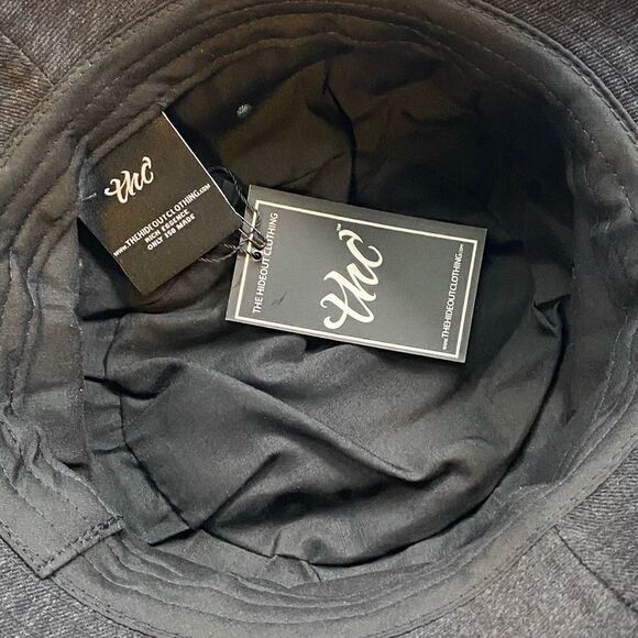 NWT The Hideout Clothing Co Black Denim Octagon Classic Bucket Hat Pull String - Picture 9 of 10